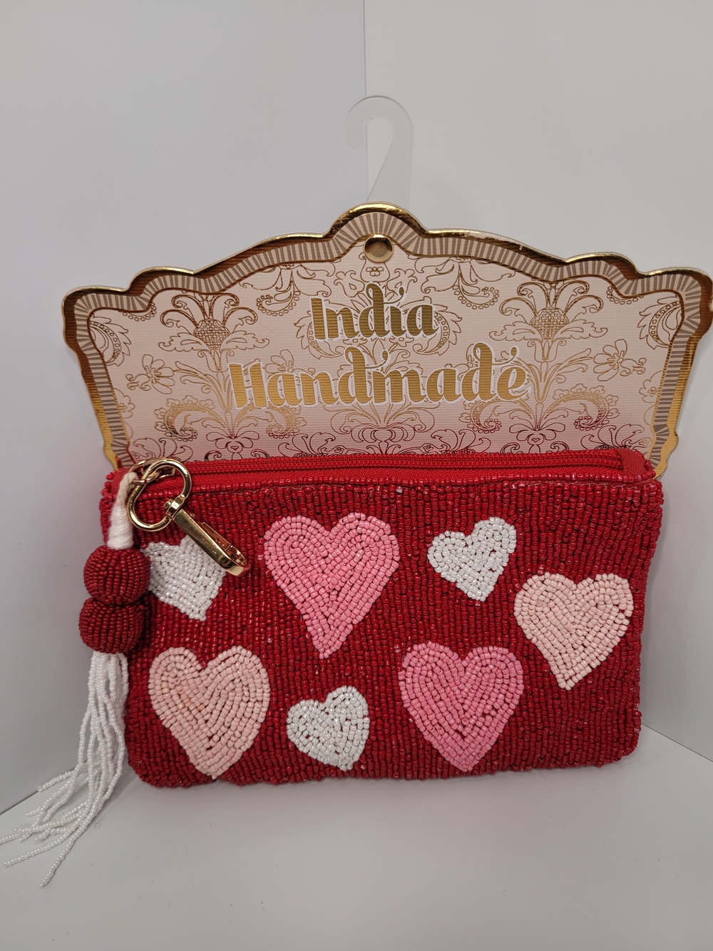Made In India Handmade Red Beaded Heart Zip Pouch